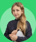 Young girl holding a tablet, on a green circle background.